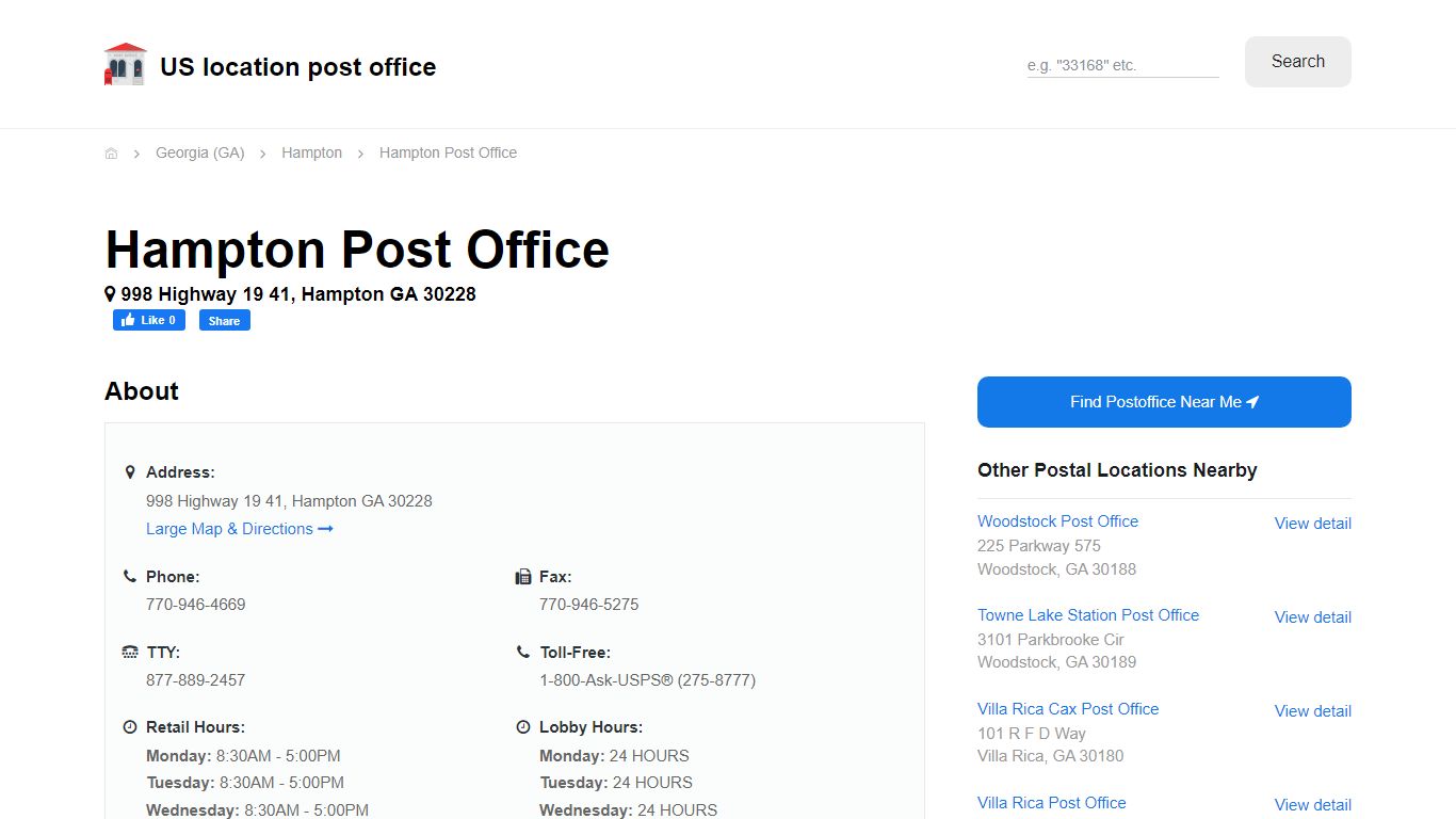 Hampton Post Office, GA 30228 - Hours Phone Service and Location