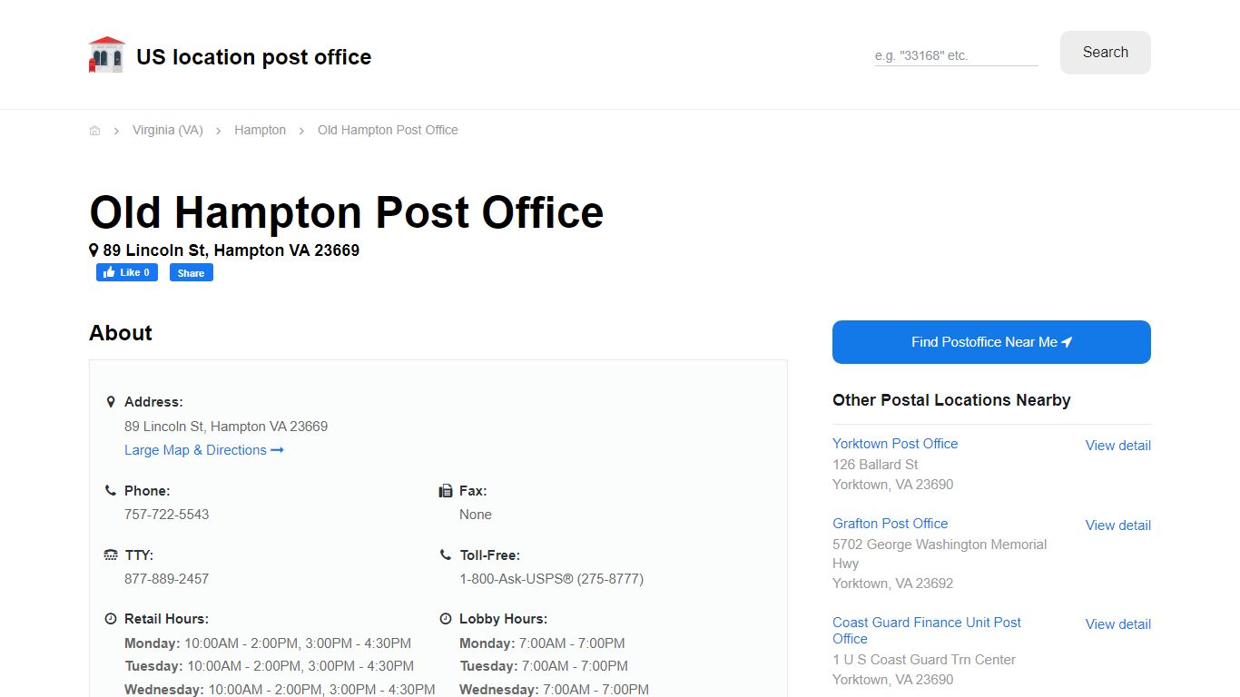 Old Hampton Post Office, VA 23669 - Hours Phone Service and Location