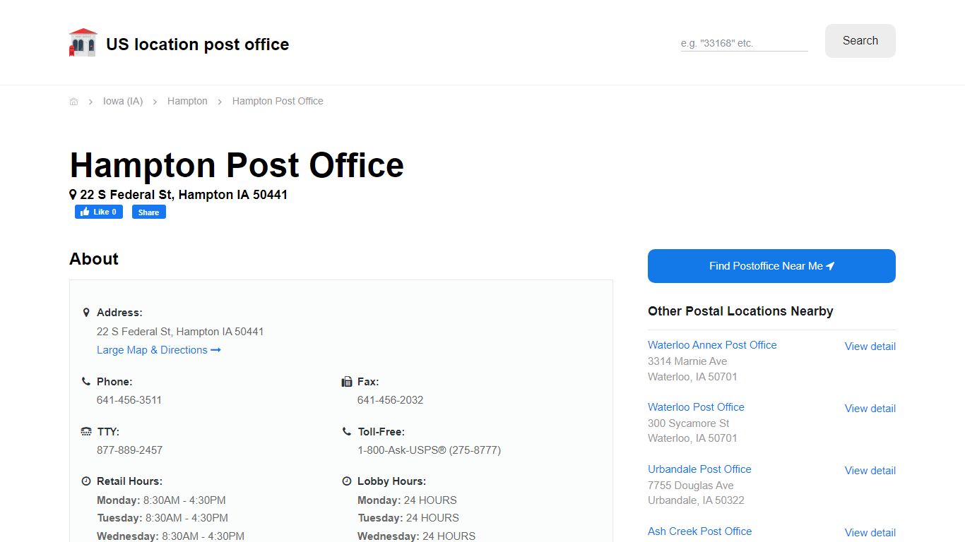 Hampton Post Office, IA 50441 - Hours Phone Service and Location